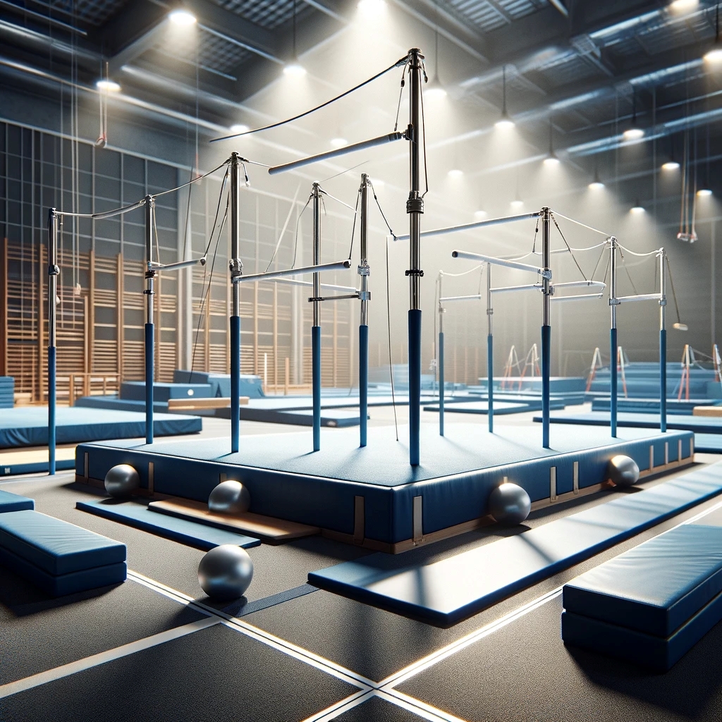 DALL·E 2024-03-22 14.54.22 - A realistic photo of uneven bars in a gymnastics training facility. The uneven bars are set at different heights, with professional-grade padding on t