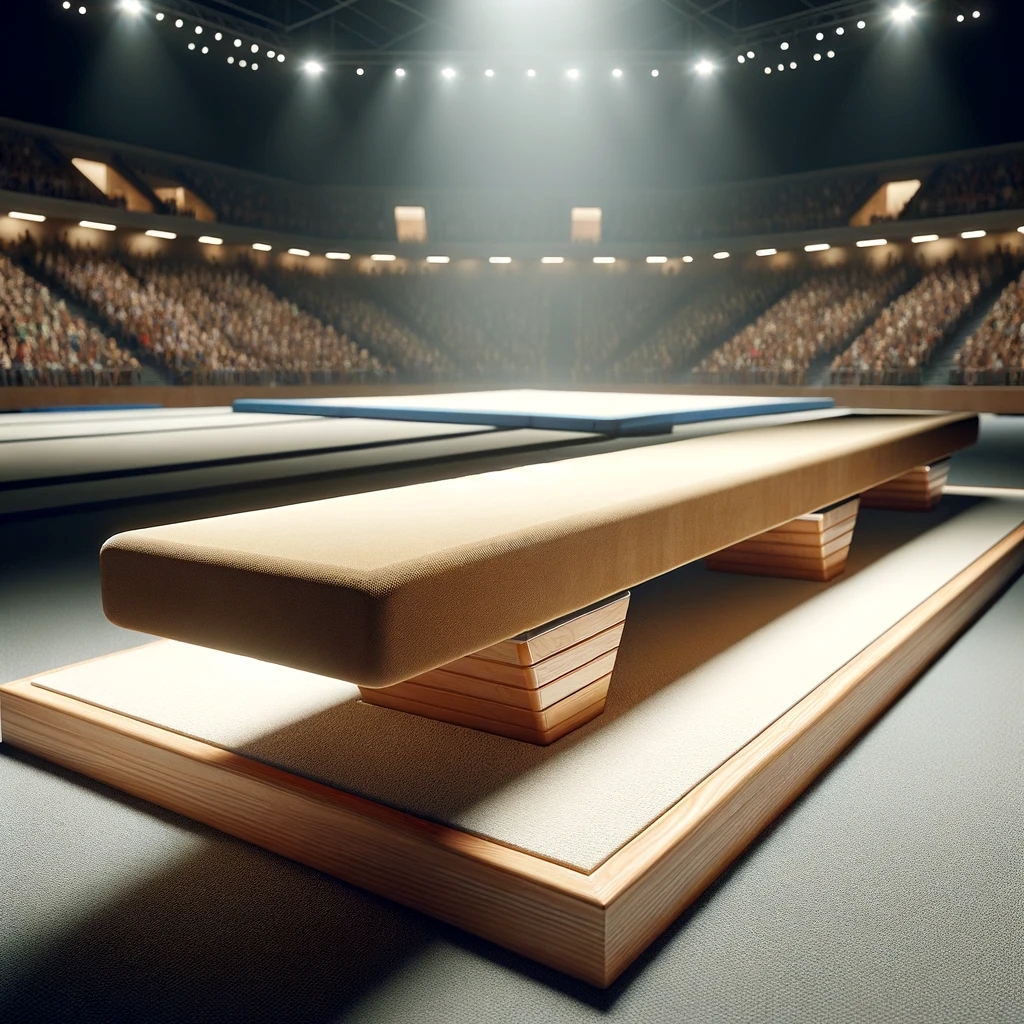 DALL·E 2024-03-22 14.54.24 - A realistic photo of a balance beam in a professional gymnastics competition setting. The balance beam is elevated on a stable platform, with safety m