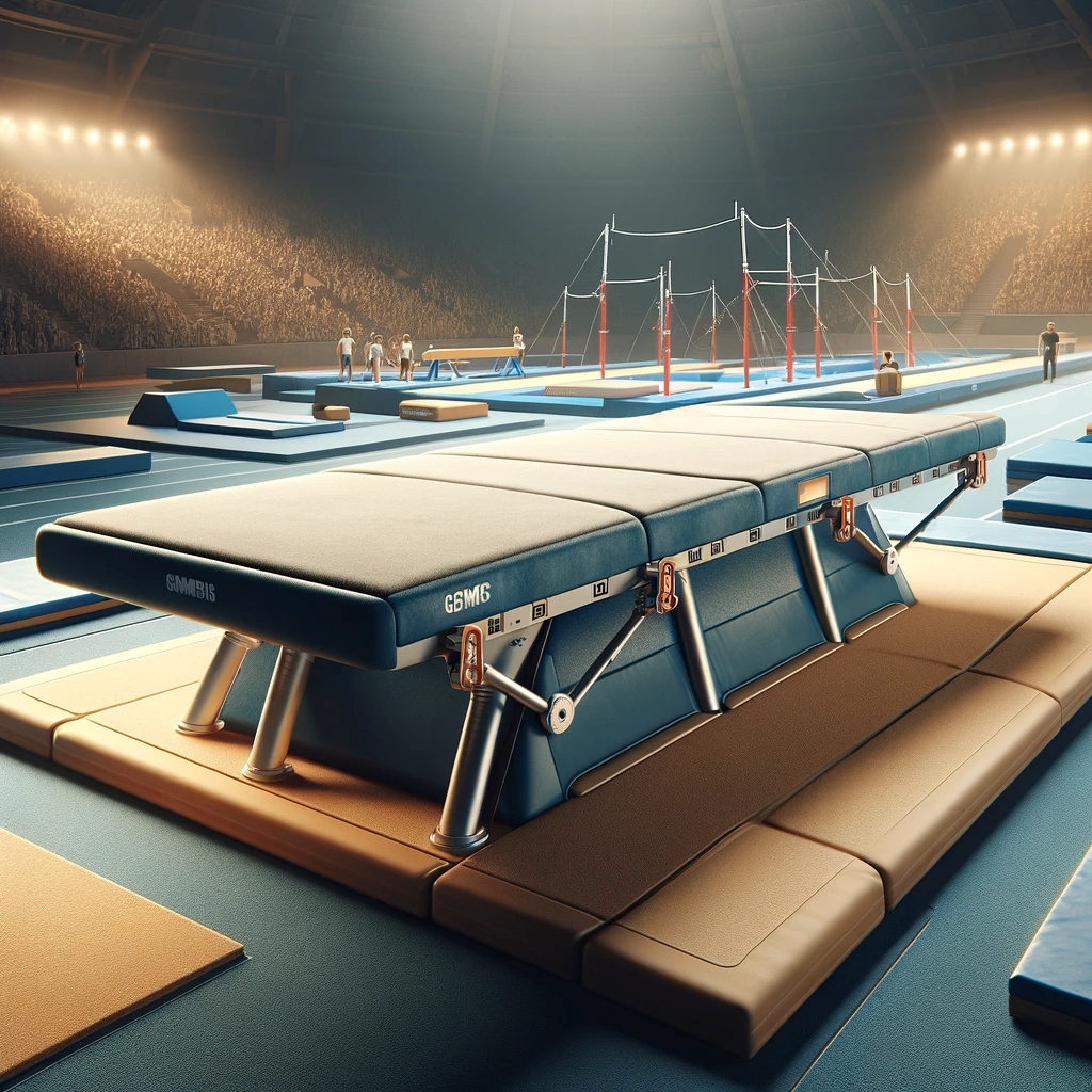 DALL·E 2024-03-22 14.54.26 - A realistic photo of a vaulting table in a gymnastics competition. The vault is set up with a runway leading to it, and the table itself features adju