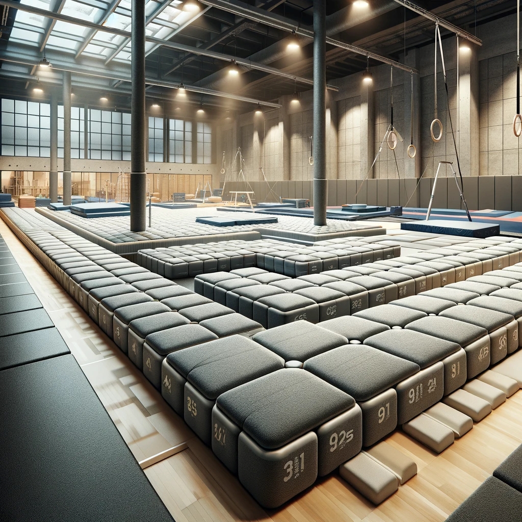 DALL·E 2024-03-22 14.54.27 - A realistic photo of floor exercise mats in a gymnastics training center. The floor is covered with large, interconnected mats that provide a cushione